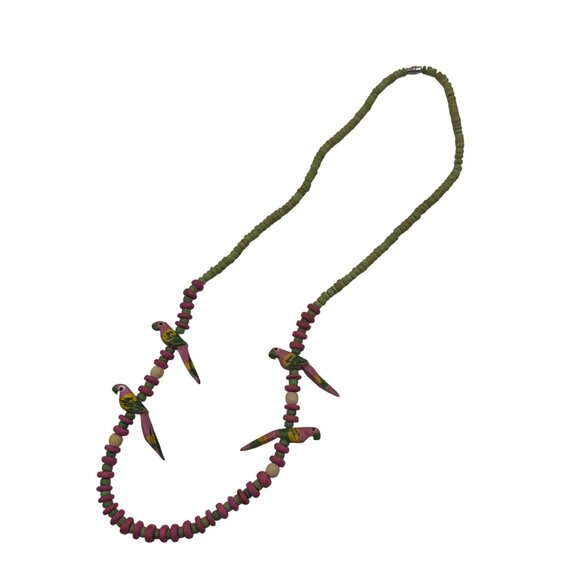 Hand Painted Wooden Beaded Necklace With Pink And Green Parrot Accents Long Leng - Picture 4 of 4